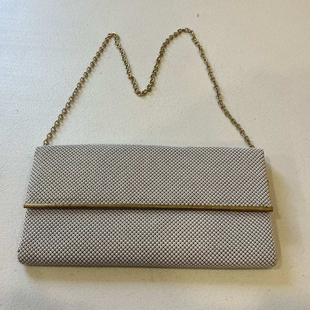 Whiting‎ Davis White Metal Mesh clutch handbag Gold Bar, Envelope, Pink Interior